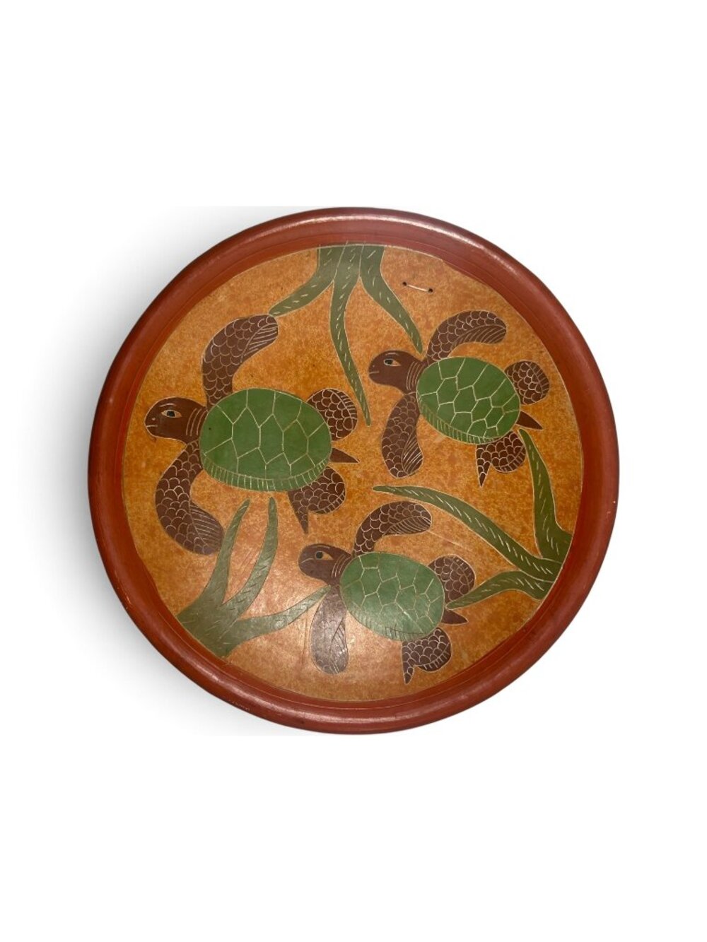 Sea Turtle Clay Wall Plate Round Orange Green Coastal Marine Art Decor Mosaic